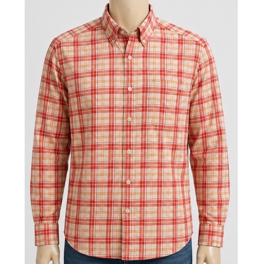 Columbia Mens Orange Plaid Long Sleeve Button Down Cotton Shirt Large RN69724